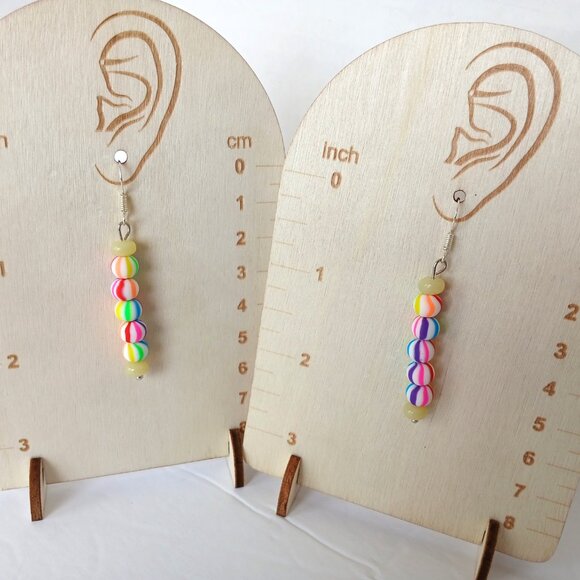 Handmade Rainbow Striped Earrings With Yellow Beads On Silver Plated Fishhooks - Picture 12 of 15